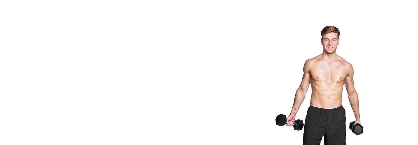 Barry's Bootcamp instructor Ben O’Brien shirtless holding dumbbells against a white background.