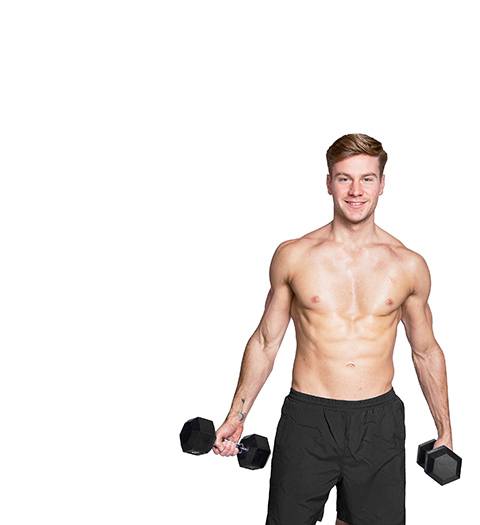 Barry's Bootcamp instructor Ben O’Brien shirtless holding dumbbells against a white background.