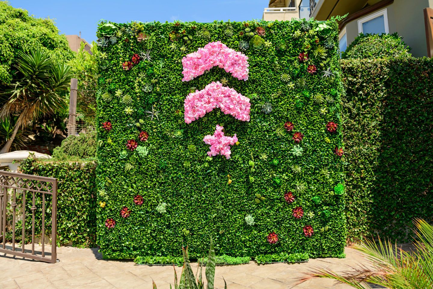 Pink Barry's Bootcamp upward arrows and star logo made of flowers on green living wall