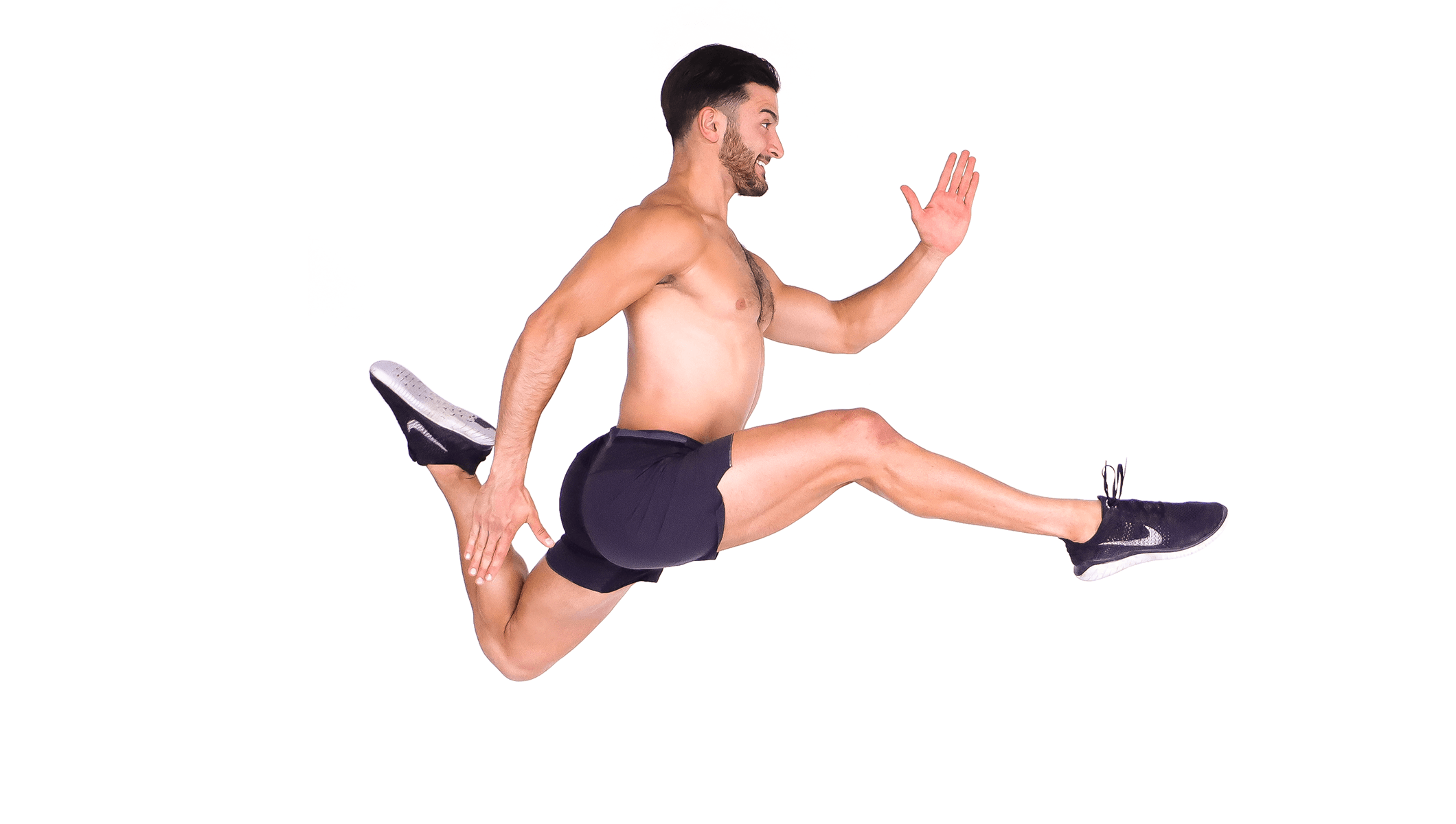 Barry's instructor shirtless in a running jump.