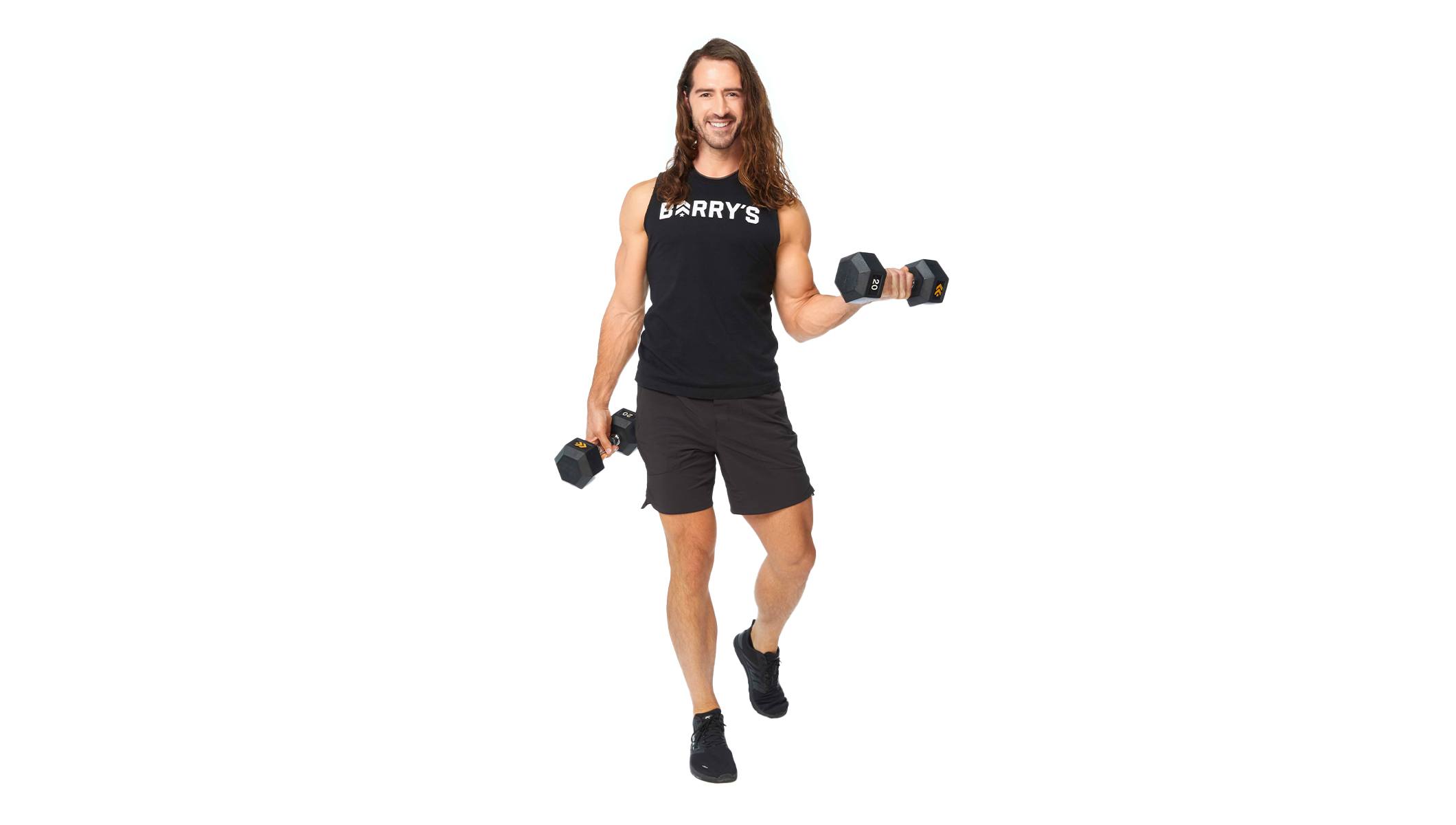 Barry's instructor standing confidently holding weights wearing a black top against a white background.