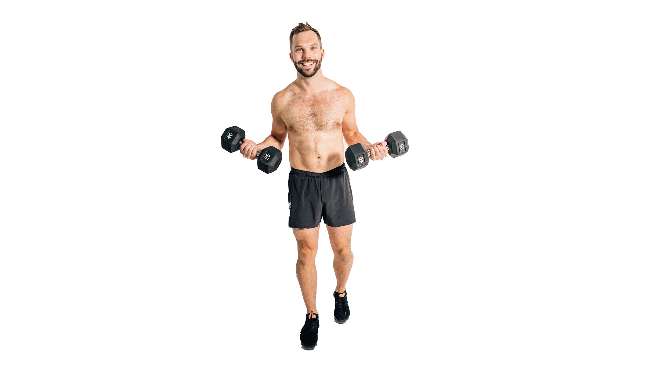 Barry's instructor standing confidently curling weights wearing a black top against a white background.