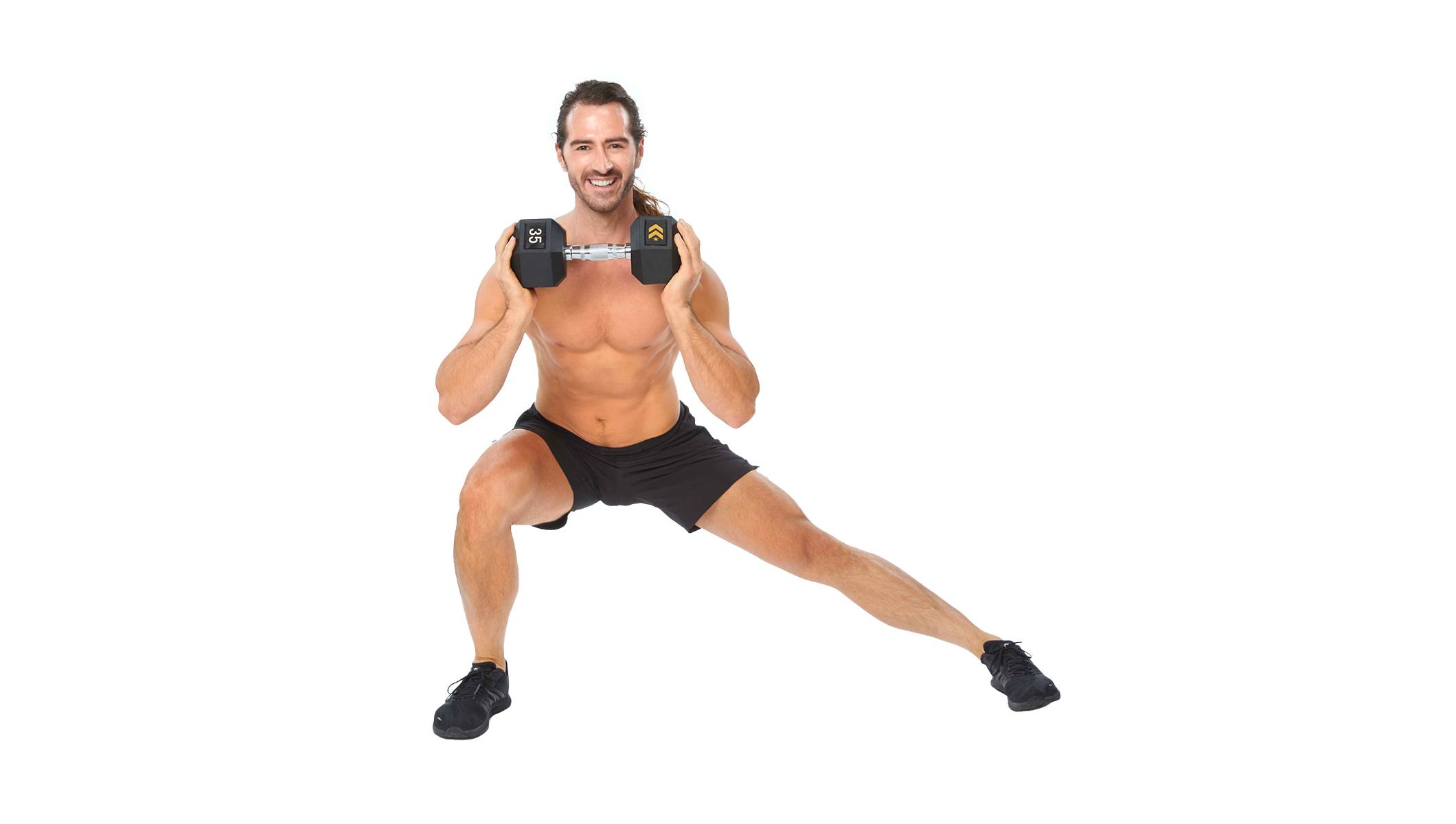 Barry's instructor holding a weight in a side lunge against a white background.